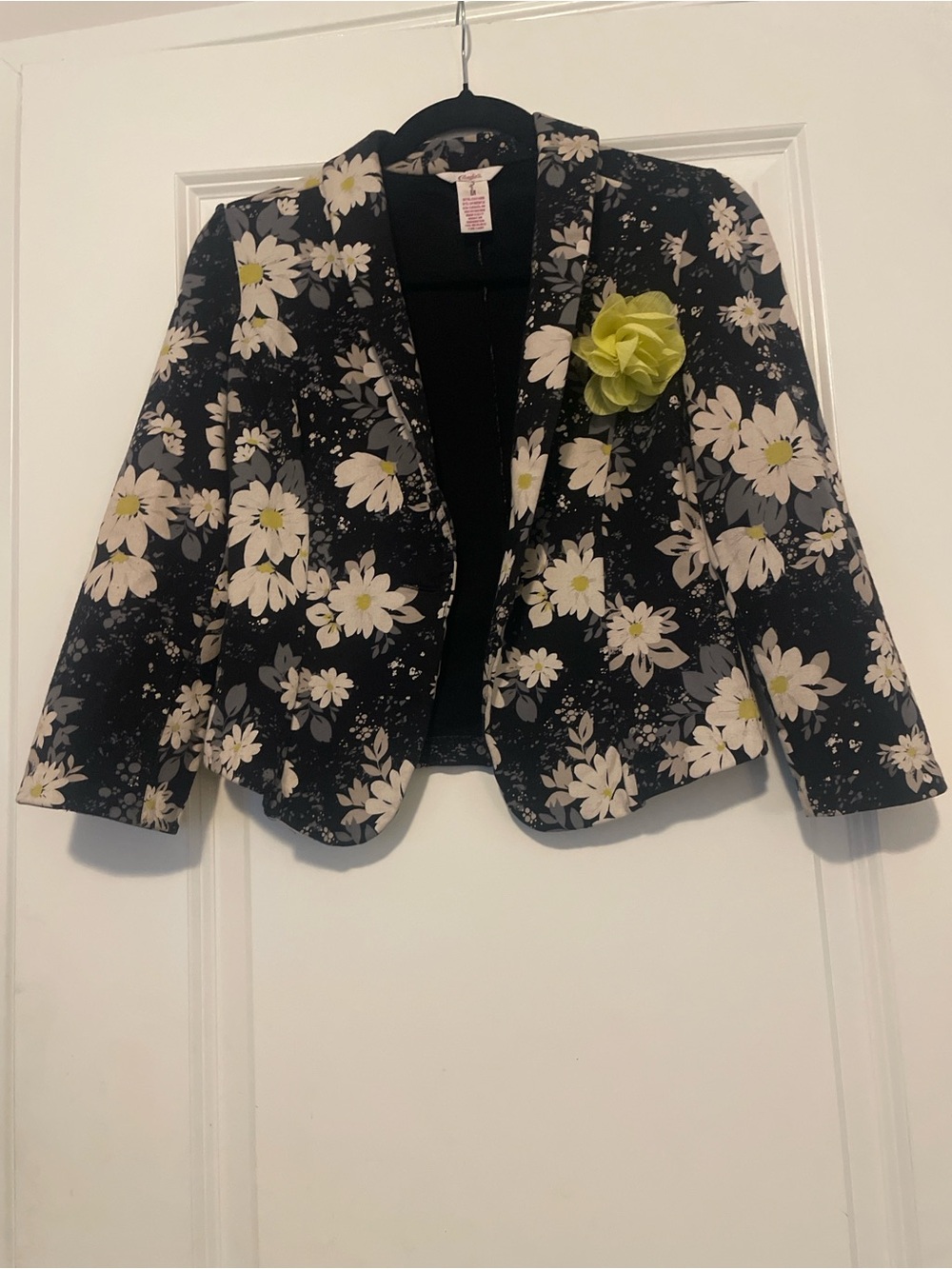 Candie's Black Floral Cropped Blazer with Lime Flower Pin